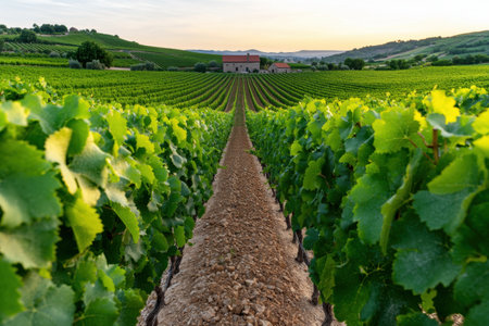 Scenic vineyard landscape at sunsetの素材