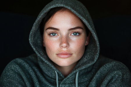 Pensive young woman in hooded sweaterの素材