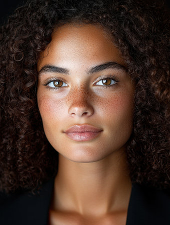 Captivating portrait of a young woman with curly hairの素材