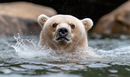 Playful polar bear swimming in the waterの素材