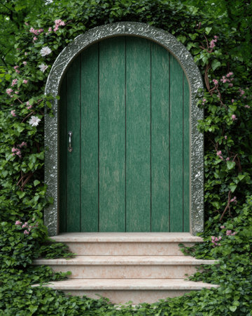 Enchanting garden gate with ornate frameの素材