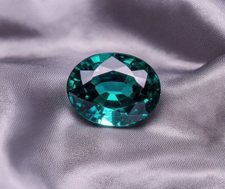 Stunning emerald gemstone on gray fabricの素材