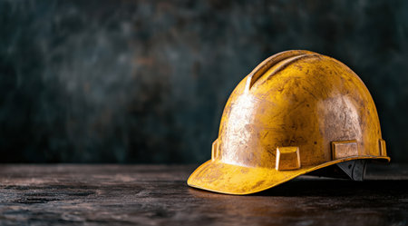 Worn and weathered construction hard hat on wooden surfaceの素材