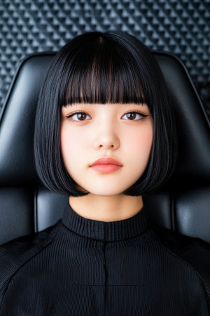 young asian woman with short black hair and bangsの素材