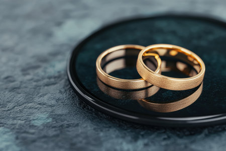 Elegant gold wedding rings on black backgroundの素材