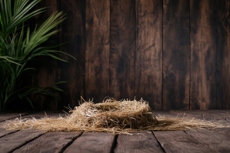 Nest made of straw on wooden tableの素材