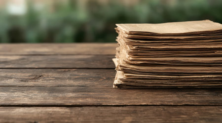 Vintage paper documents stack on wooden tableの素材
