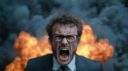 Angry businessman screaming in front of flamesの素材