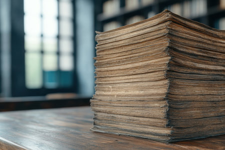 Stack of old books on a wooden tableの素材