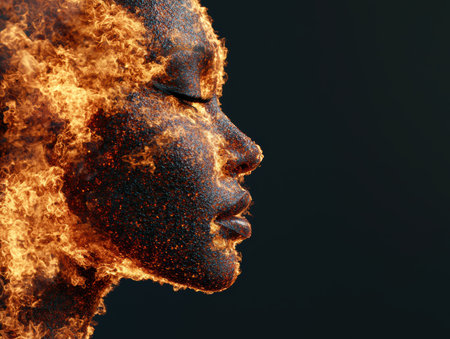 Fiery portrait of a face in the darkの素材