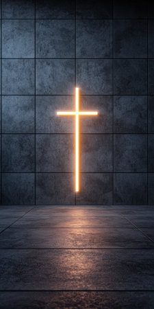Glowing cross in dark roomの素材