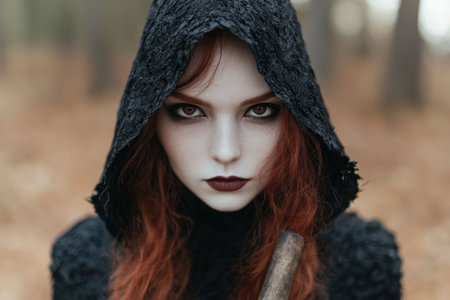 Mysterious woman in dark hooded coatの素材