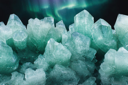 Glowing green northern lights over a field of ice crystalsの素材