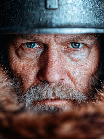 Rugged man with piercing blue eyes in winter gearの素材