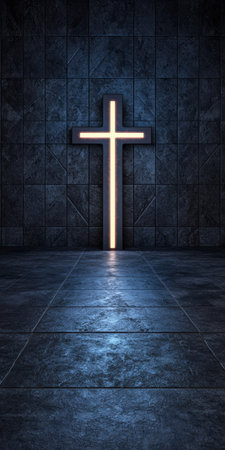 Illuminated cross in dark church interiorの素材
