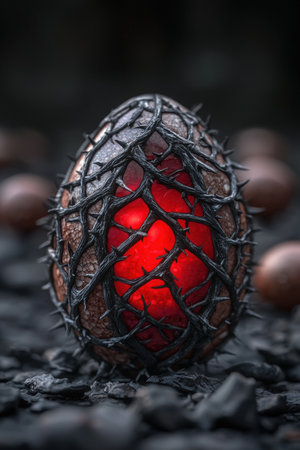 Mysterious glowing egg-shaped object in dark forestの素材