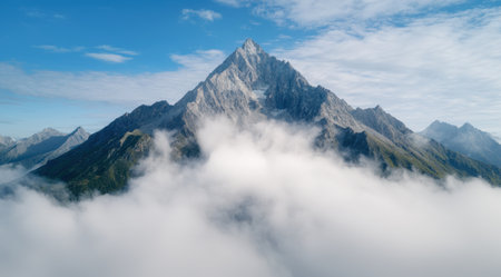 Majestic snow-capped mountain peak rising above the cloudsの素材