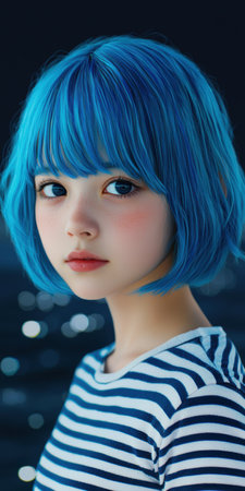 Vibrant blue-haired girl in striped shirtの素材