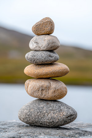 Balanced stones on rock by lakeの素材