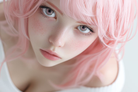 close-up portrait of a young woman with pink hairの素材