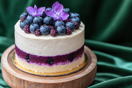 delicious layered cake with fresh berries and flowersの素材