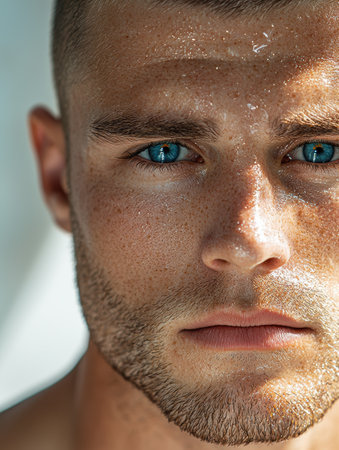 Close-up portrait of a man with intense blue eyesの素材