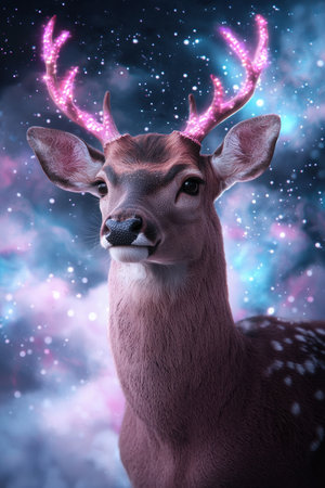 Magical deer with glowing antlers in a winter wonderlandの素材