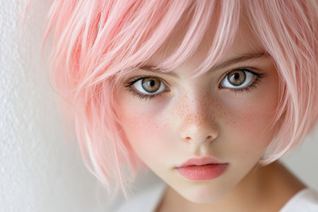 close-up portrait of a young person with pink hairの素材