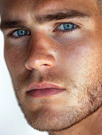 Close-up of a man's face with piercing blue eyesの素材