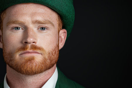 Serious man with red beard wearing green hatの素材