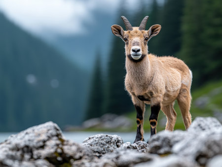 Curious mountain goat standing on rocky cliffの素材