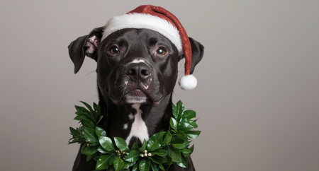 adorable dog wearing santa hat and wreathの素材
