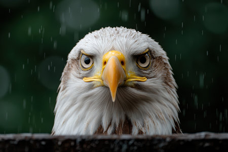 Close-up of a bald eagle with intense gaze in the rainの素材