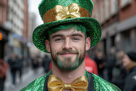 smiling man in green glittery st. patrick's day costumeの素材