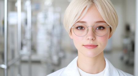 Portrait of a young woman with blonde hair and glassesの素材