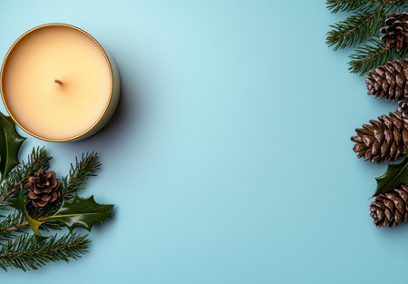 cozy winter holiday scene with candle, pine cones, and greeneryの素材