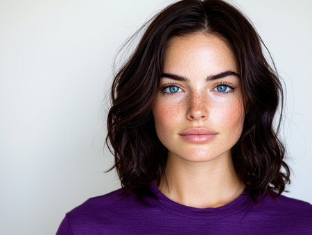 portrait of a young woman with dark hair and blue eyesの素材
