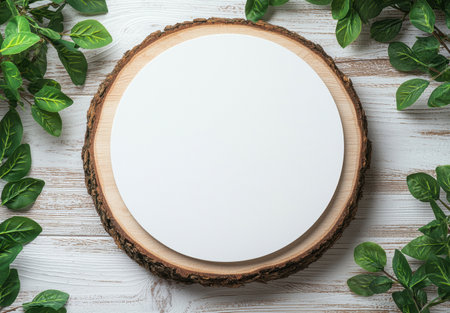 Rustic wooden mirror with green leavesの素材
