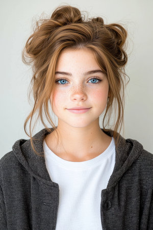 portrait of a young woman with wavy hairの素材