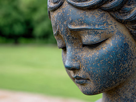 close-up of a weathered bronze buddha statueの素材