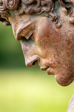 Close-up of weathered bronze statue faceの素材