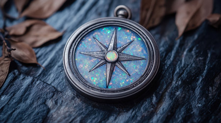 Glittering compass on dark slate backgroundの素材