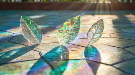 Colorful glass leaves reflecting in waterの素材