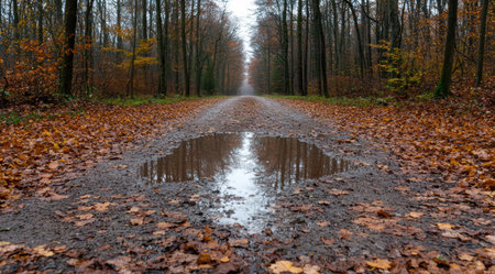 Autumn forest path with puddle reflectionの素材