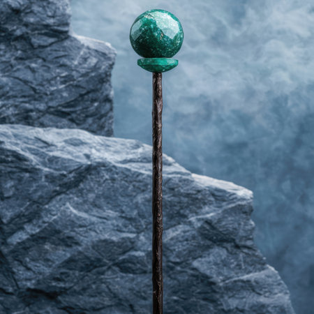Emerald crystal ball on twisted wooden stand against snowy rocksの素材