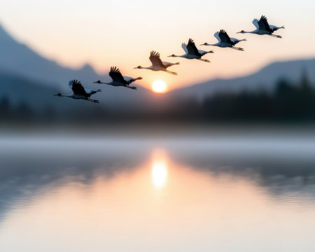 Flock of cranes flying over serene lake at sunsetの素材