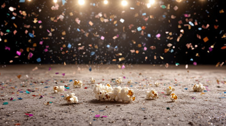 Popcorn and confetti on a dark backgroundの素材