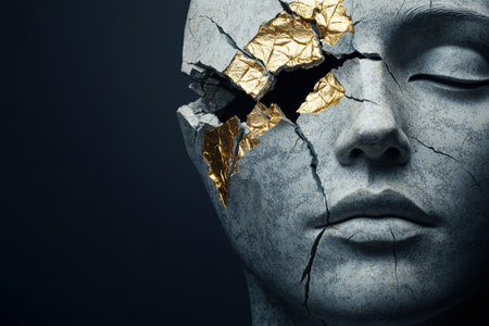Cracked stone face with golden leaf detailの素材