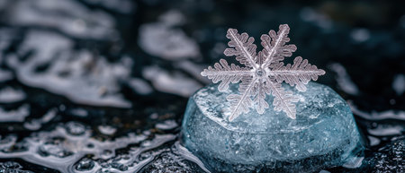 Intricate snowflake crystal in icy environmentの素材