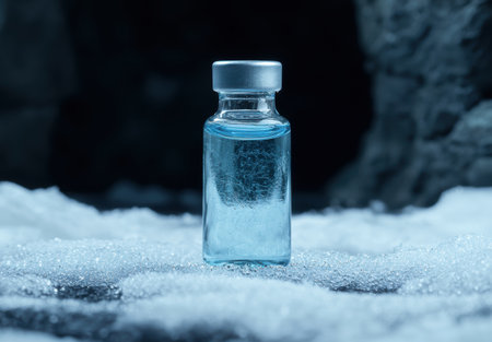 Frozen glass bottle in snowy landscapeの素材